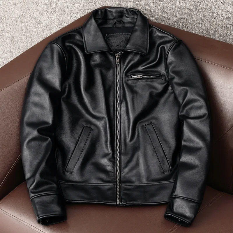 

Men Jacket Genuine Cowhide Leather Jacket Coat Autumn Casual Motorcycle Trend Lapel Collar Short Coat Men Plus Size Streetwear