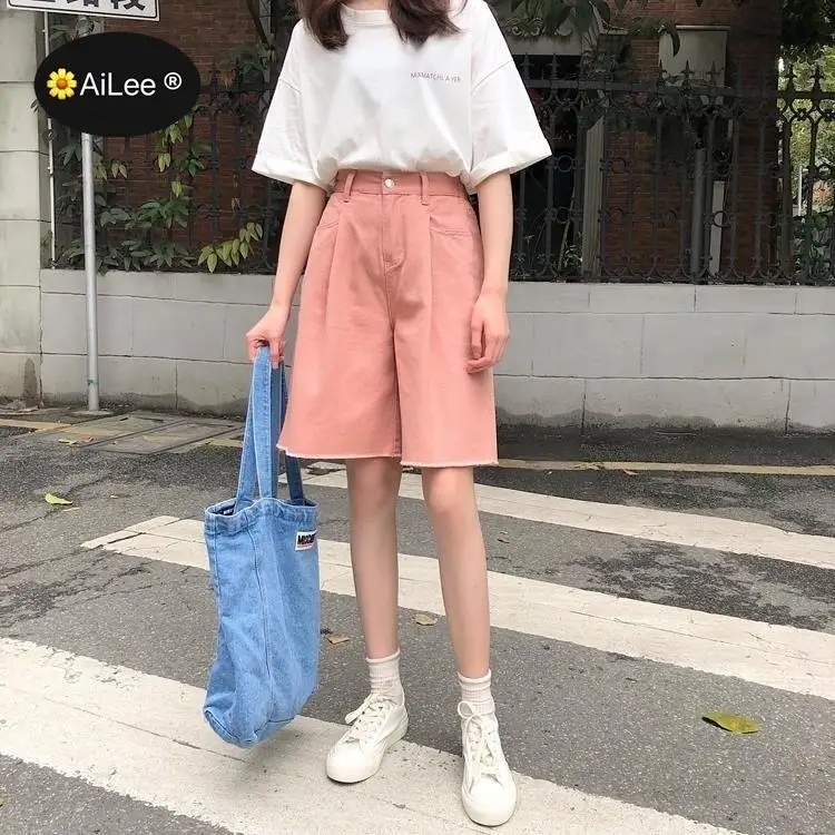 Fashion Denim Jeans Summer Women Cotton Cargo Shorts Korean High Waist Pocket Elastic Wide Leg Shorts Casual Loose Hotpants