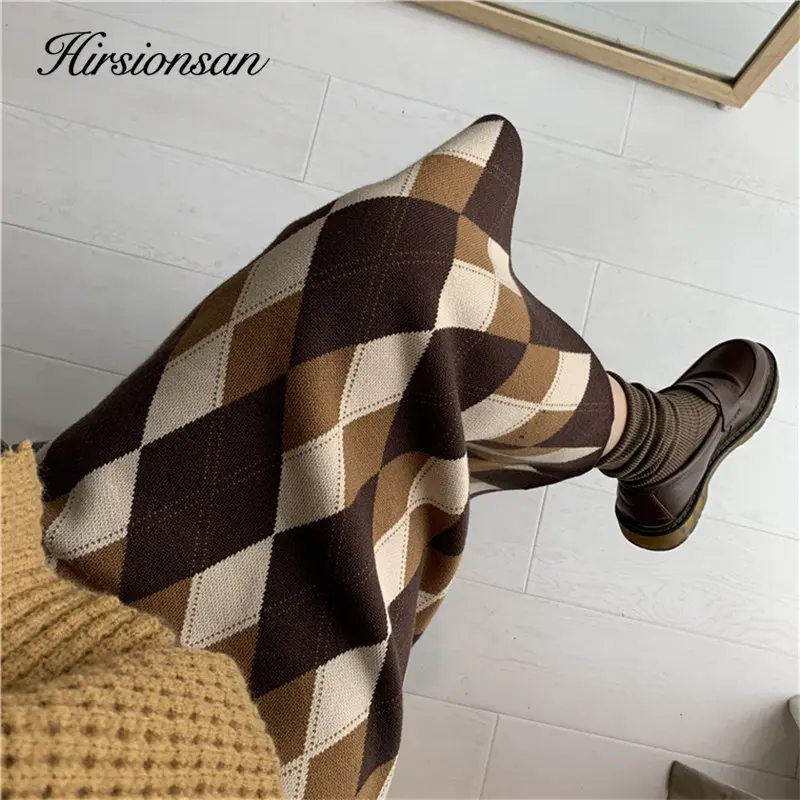

Hirsionsan Vintage Diamond Mid-length Knitted Skirt Women Straight Thicken Warm Hip Skirt Female Trendy Basic All-match Skirts
