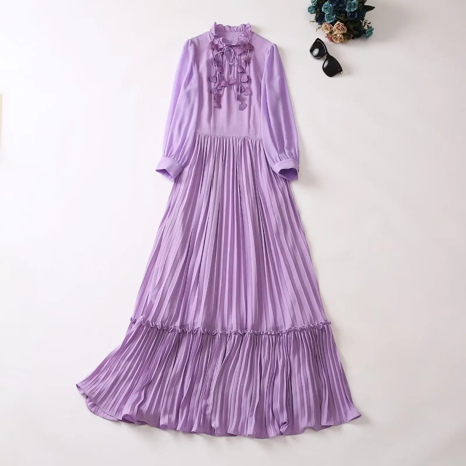 European and American women's dress 2023 summer new style Long sleeve stand collar with solid color Fashion pleated dress XXL