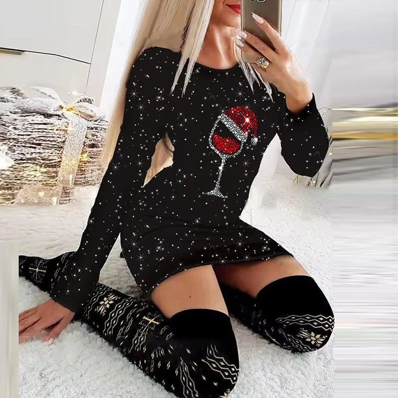 

Сексуальное блестящее рождественское платье мини с принтом винных очков элегантное облегающее платье с круглым вырезом женское Повседневное платье