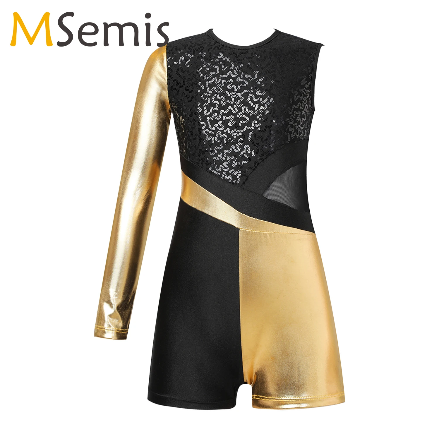 

Kids Girls Ballet Gymnastics Leotard Single Long Sleeve Sequin Hollow Back Jazz Costume Stage Performance Skating Dance Bodysuit