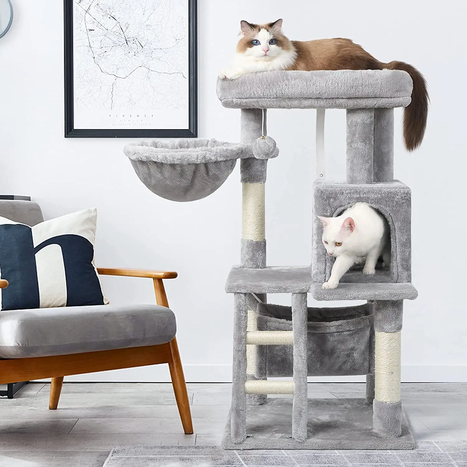

39" Tall Cat Tree Cat Tower Multi-Level Cat House Condo with Large Perch, Scratching Posts Hammock, Cat Climbing Stand with Toy