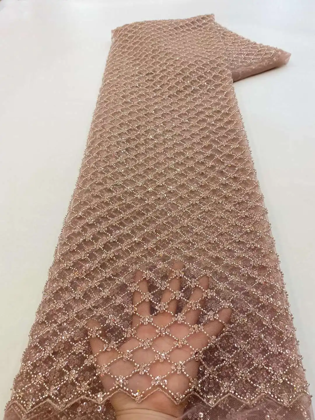 

3.5KG/5Y African Lace Fabric 2023 High Quality Nigeria Beaded Lace Fabric Embroidery Sequence Tulle Fabrics Wedding