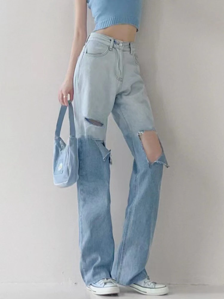 

Синие прямые джинсы с градиентом дыр, женские новые свободные драпированные брюки с высокой талией в стиле ретро, широкие брюки, супер эластичные джинсы, лето