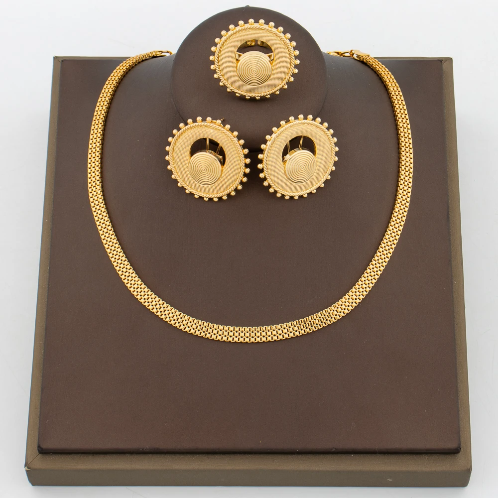 

Italian Gold Color Jewelry Set for Women Round Design Earrings and Chain Necklace Nigerian Gold Plated Jewelry Party Gits