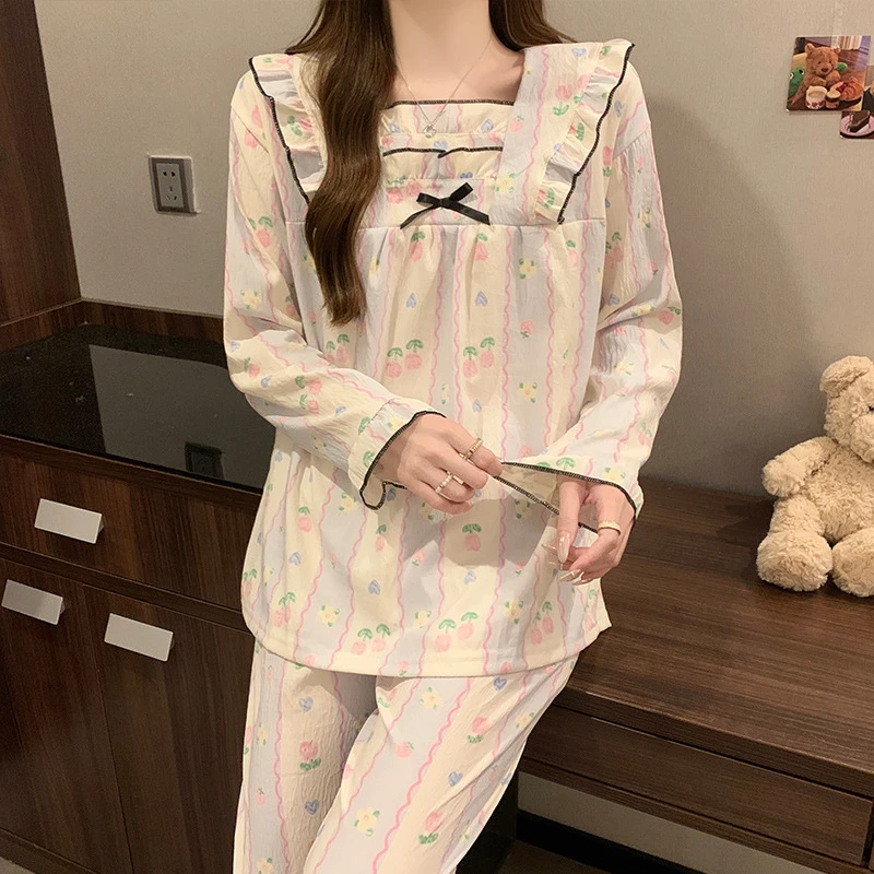 Милая женская пижама одежда для сна с бантом и квадратным вырезом Повседневная