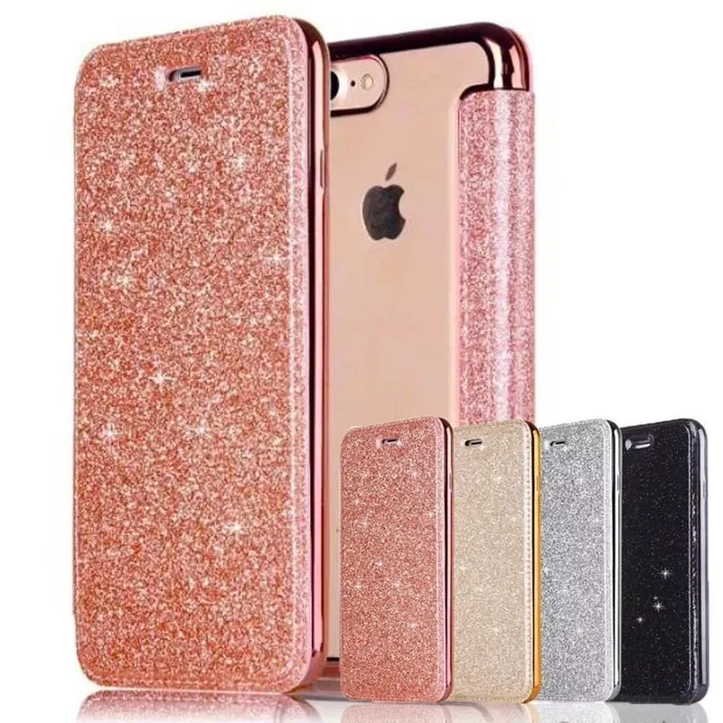 

Luxury Glitter Leather Flip Wallet Case For iPhone 13 12 11 Pro XS Max XR X 7 8 Plus 6s Plus SE2020 Clear Bling Back TPU Case