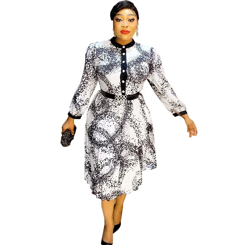 Plus Size Women Clothing 2023 New Ruffled Printed Waist A Line Skirt Loose Fitting Women's Dress  Long Sleeves Lady Dress