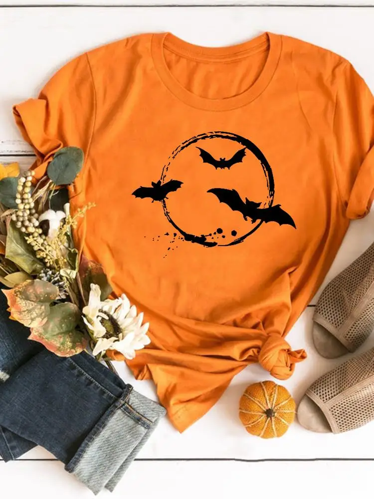 

Fall Autumn Halloween T-shirts Women Tee Print Shirt Bat Printing Cute 90s Trend Female Graphic T Top T-Shirt Fashion Clothing