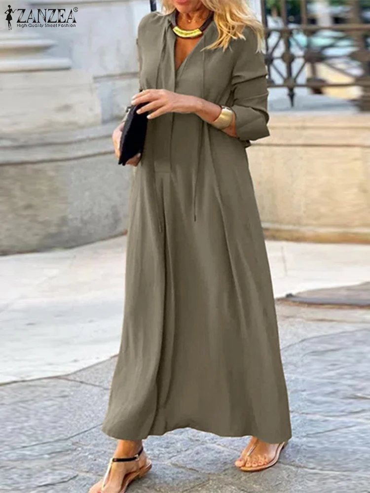 

Платье ZANZEA женское однотонное осеннее с V-образным вырезом и длинным рукавом, повседневный элегантный модный офисный сарафан на шнуровке, ...
