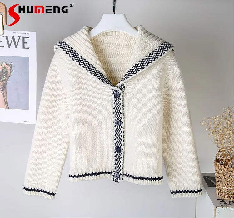 2021 Autumn New Fashion Shawl Collar Design Loose Long Sleeve Knitted Cardigan Sweater Women's Simple England Style Knitwear