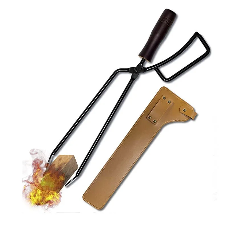 

Barbecue Charcoal Clip Iron Wood Handle Anti-Scalding with Leather Cover Outdoor Camping BBQ Bonfire Stove Fireplace Fire Tongs