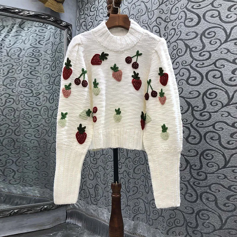 High Quality Wool Knitted Sweaters 2022 Autumn Winter Jumpers Women Sweet Embroidery Patterns Long Sleeve Casual White Jumpers
