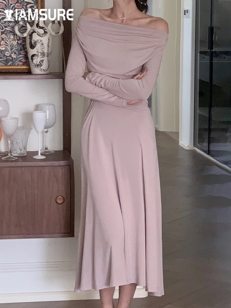

IAMSURE Basic Solid Drawstring A-Line Dress Korean Style Folds Slash Neck Long Sleeve Maxi Dresses For Women 2022 Autumn Winter