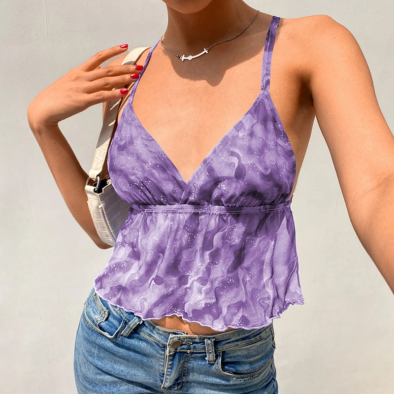 

Printed 2021 Blue Wave Printed Mesh E Dress Women's Halter Cross Lace Carnival Party Beachwear Deep V Neck Sexy Vest Camis Y2K