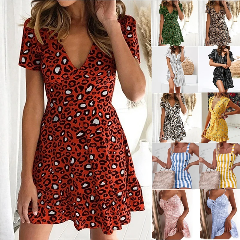 

Women Leopard Print Dress Summer Sexy Ruffles Short Sleeve V Neck Boho Party Mini Sweet Beach Short Sleeve Dress Vestidos