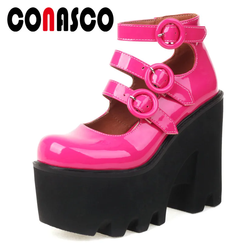 

CONASCO Punk Style Fashion Women Pumps High Platforms Chunk High Heels Buckle Patent Leather Shoes Woman Night Club Party Pumps