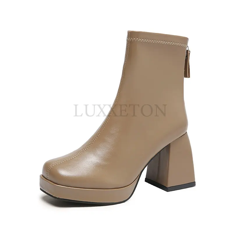Women Ankle Boots Female Pu Square Toe Block Heels Short Ladies Keep Warm Side Zipper New Autumn Winter