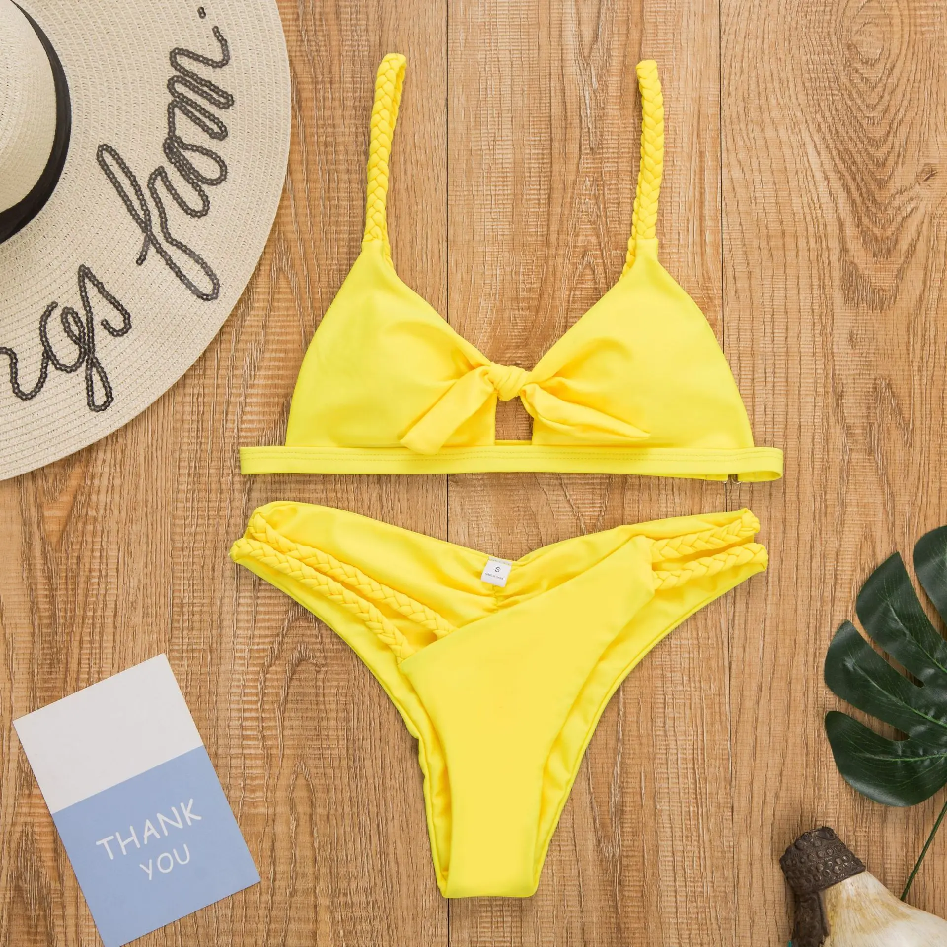Бикини 2022 сексуальный желтый купальник женский с плетеными лямками комплект