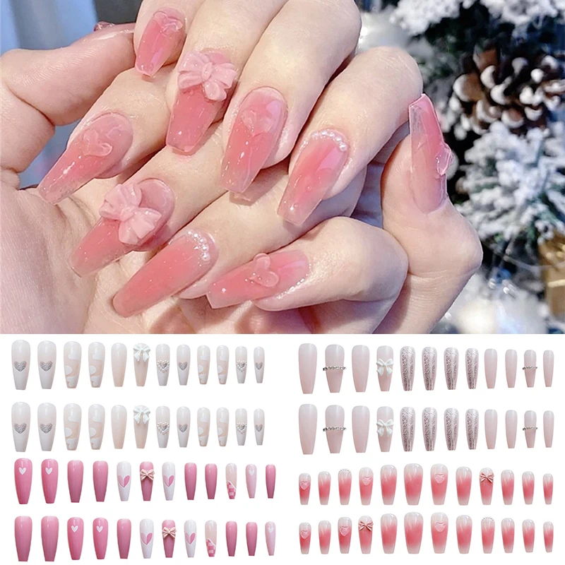 

24pcs Ladies Fake Nails Transparent Floral Beads Decor DIY Bride False Nail Sdecoration Supplies Nail Stickers накладные ногти