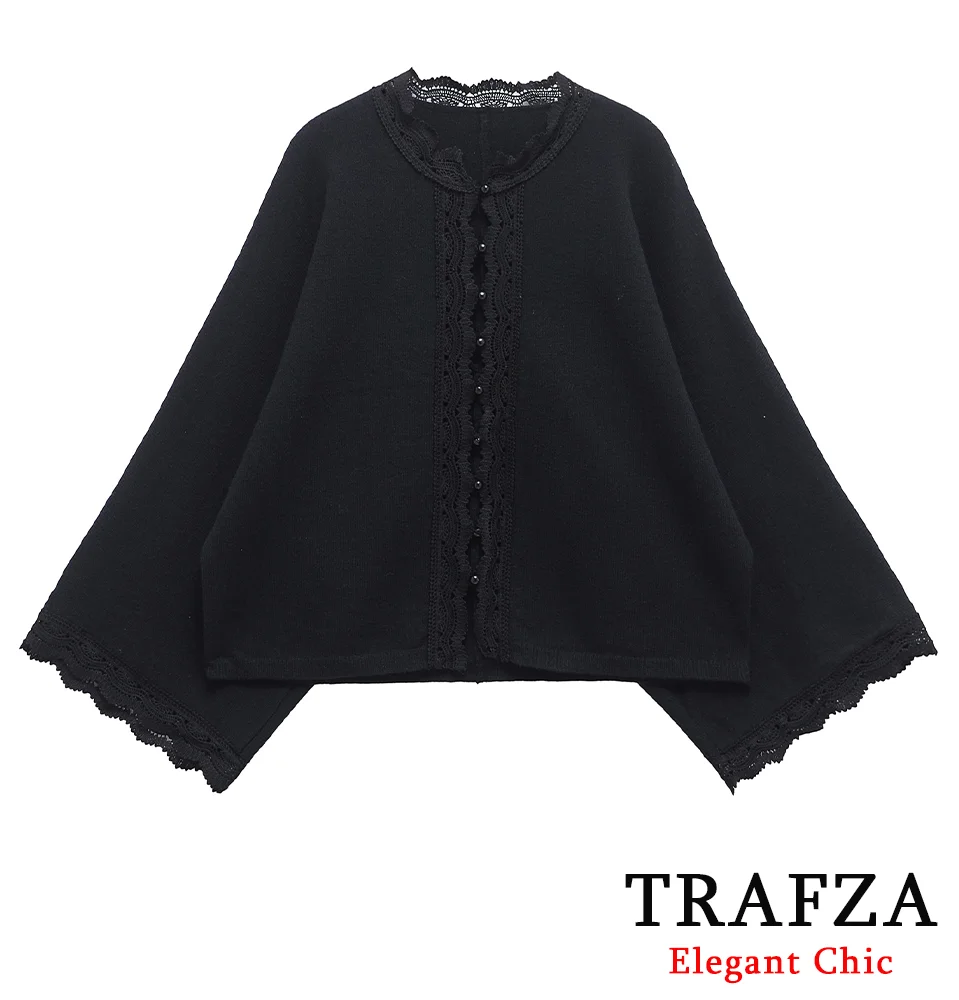 TRAFZA-Women Elegant Lace Edge Sweater Wide-Cuff Knitted Cardigan New 2025 Fashion Spring Fall Romantic Oversized Coat