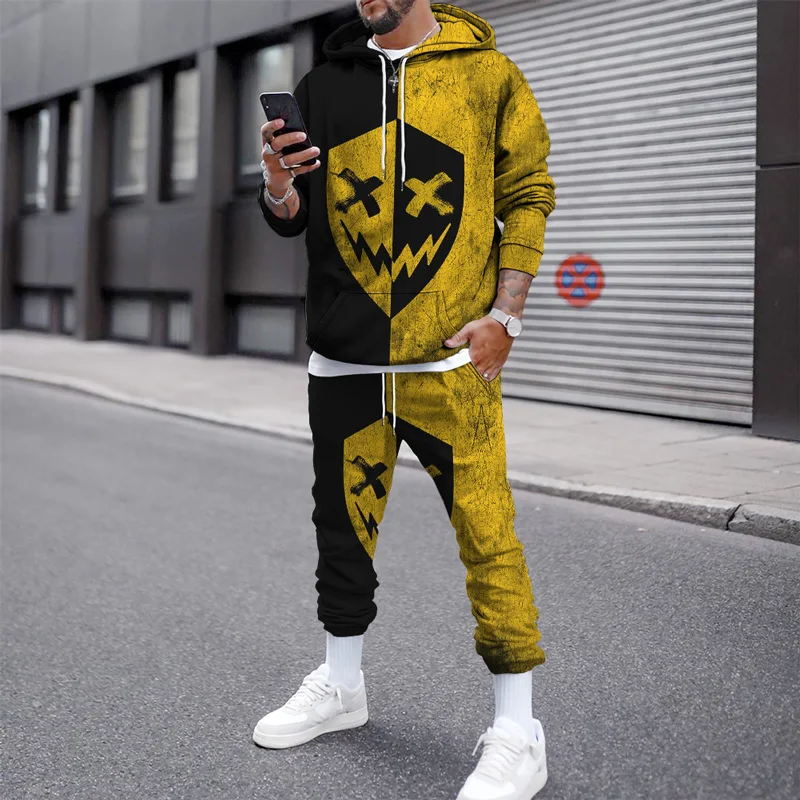Cotton XX Smiley Face Printed Autumn and Winter Pullover Sweashirts Men Tracksuit Casual Hoodies Pants Set Men's Clothing Suit