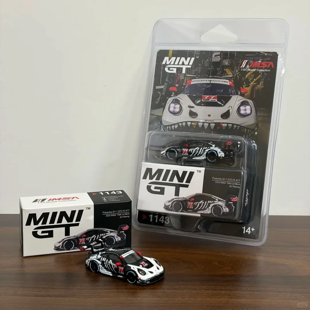 Фото MINIGT 1:64 Porsche 911 GT3 R # 77 # Коллекционная модель автомобиля 1143 Skeleton Dinosaur AO Racing 2025 IMSA Le Mans из литого сплава №2