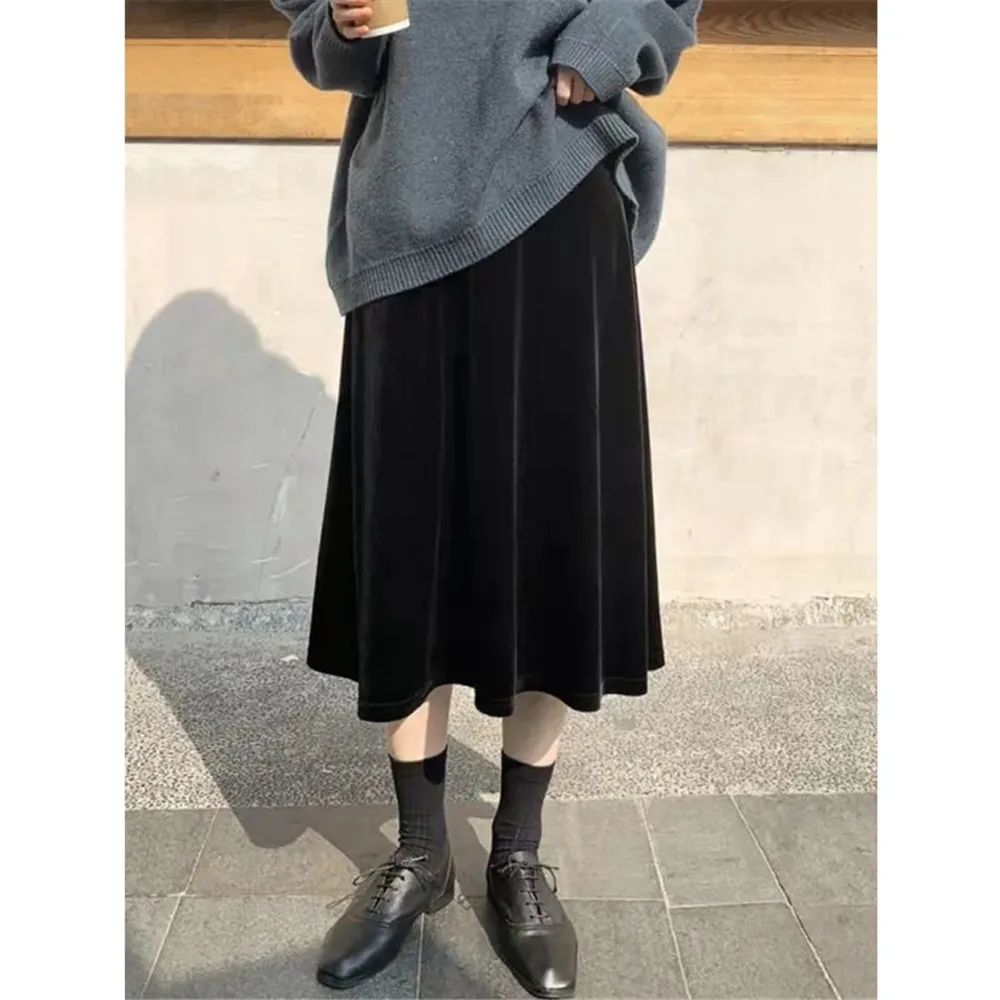 

Velour Velvet Black A-Line Long Skirt For Women Elastic High Waist Autumn Winter Midi Skirts Korean Vintage Grace Fashion Skirts