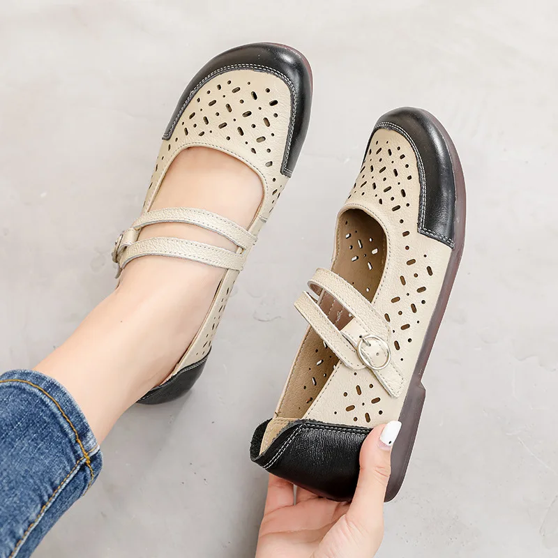 Xiuteng 2023 New Summer Cow Leather Sandals Women's Nurse Hole Shoes Women's Mother's Shoes Oxfordx Soft Bottom Flat Shoes