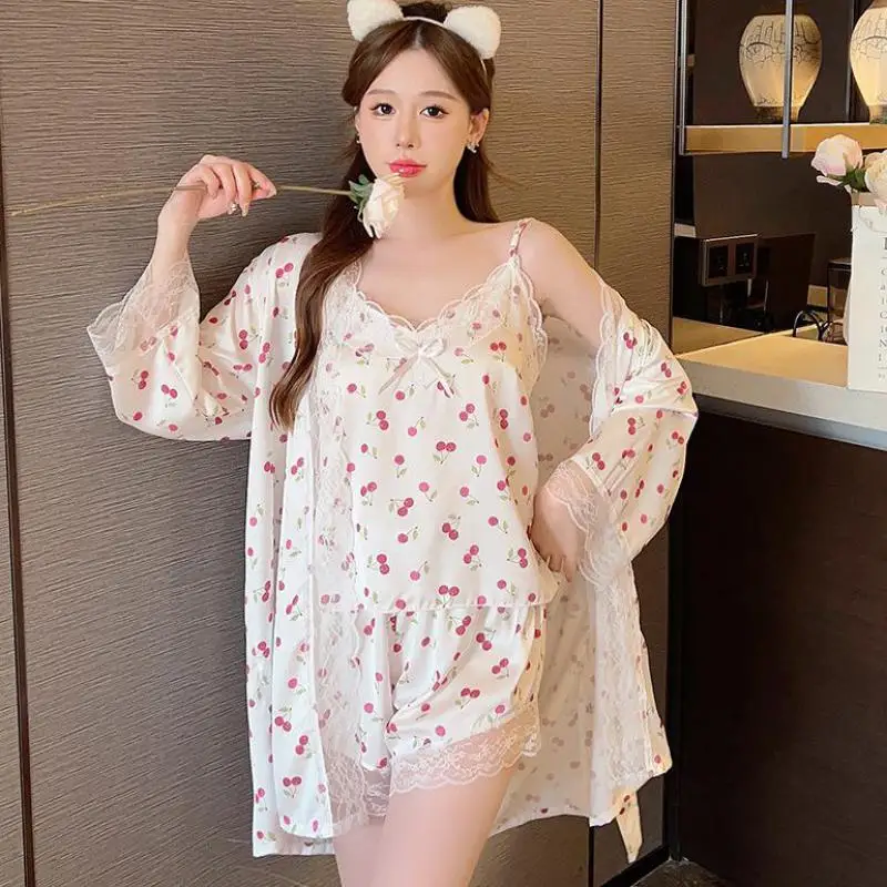 

Пижама-кимоно Женская атласная, комплект из трех предметов, пижамный комплект с кружевным принтом, одежда для сна, домашняя одежда, белье
