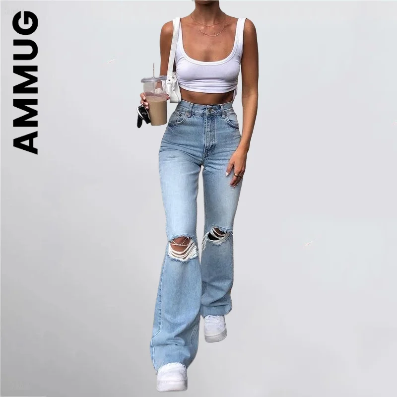 

Ammug Women's High Street Jeans High Waist Ripped Denim Jeans Straight Pants Streetwear Wide Leg Jeans Casual Loose Trousers