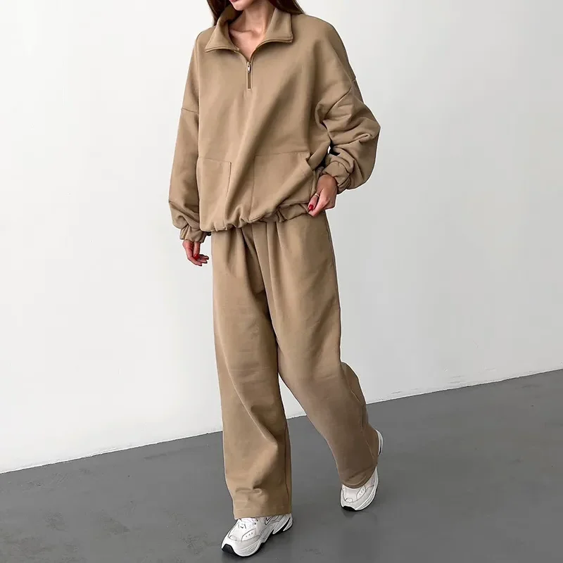 

Clinkly Drop Shoulder Terry Knitwear Sweatsuits 2 Pieces Suits Female Zipper Pullover Tops And Wide Legs Pants Causal Sets