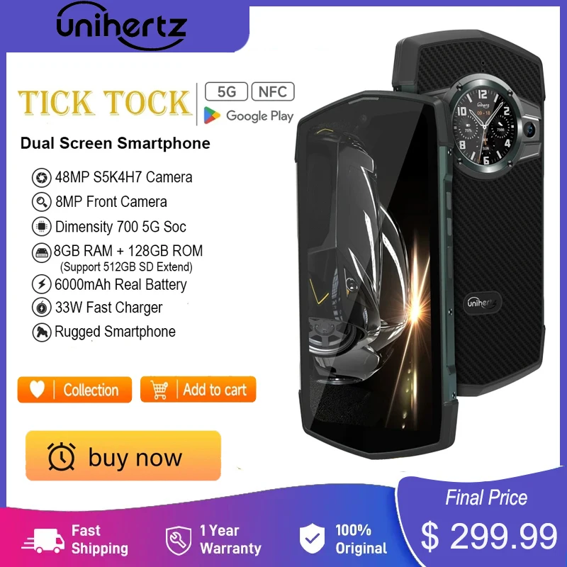 Unihertz TickTock Waterproof Rugged Smartphone 5G Mobile Phone Android 11 48MP Dimensity 700 8GB 128GB NFC 6000mAh Cellphone