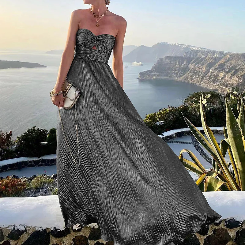 

Women Strapless Hollow Out Long Dress Summer Sleeveless Bronzing Evening Dresses Elegant Big Swing Party Dress Robes De Soirée