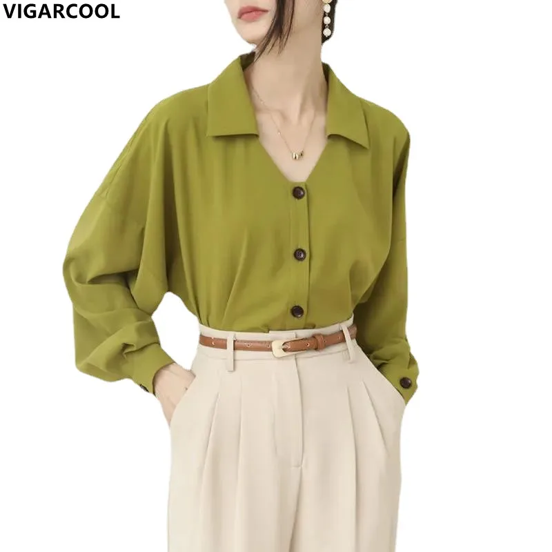 

French retro Avocado Green Long Sleeve Satin French Top Fashion Professional Shirt Women's Spring 2022 Elegant Women's Clothing