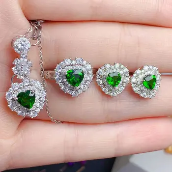 Natural Chrome Diopside Silver Pendant for Daily Wear 5mm*5mm Heart Cut 925 Silver Diopside Necklace Ring Earrings Jewelry Set 1