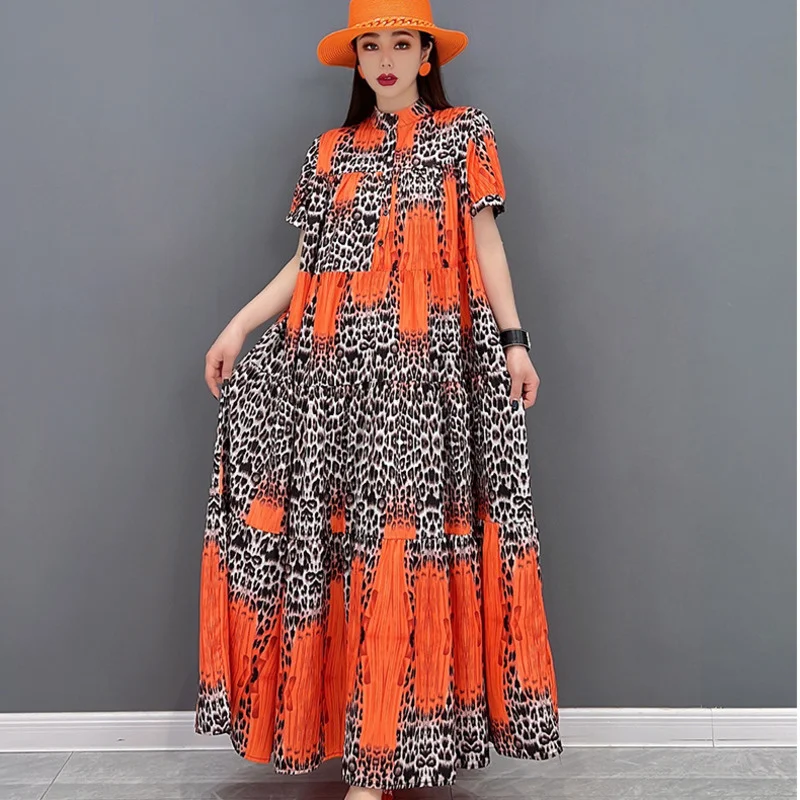 

Vefadisa 2023 Summer New Round Neck Pullover Dress Fashion Loose Mid-length Leopard Personalized Women's Print Dress LHX3915