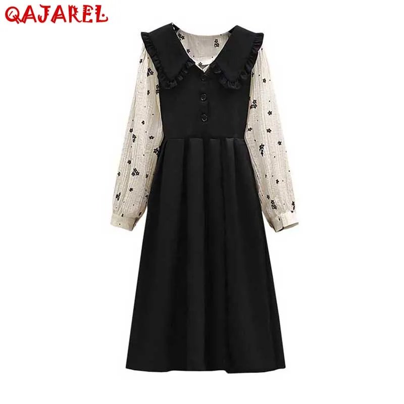 

Two Piece Dress Set Women Elegant Casual Midi Vestidos 2022 Spring Autumn Shirt+High Waist Black Strap Dresses Office Lady Suits