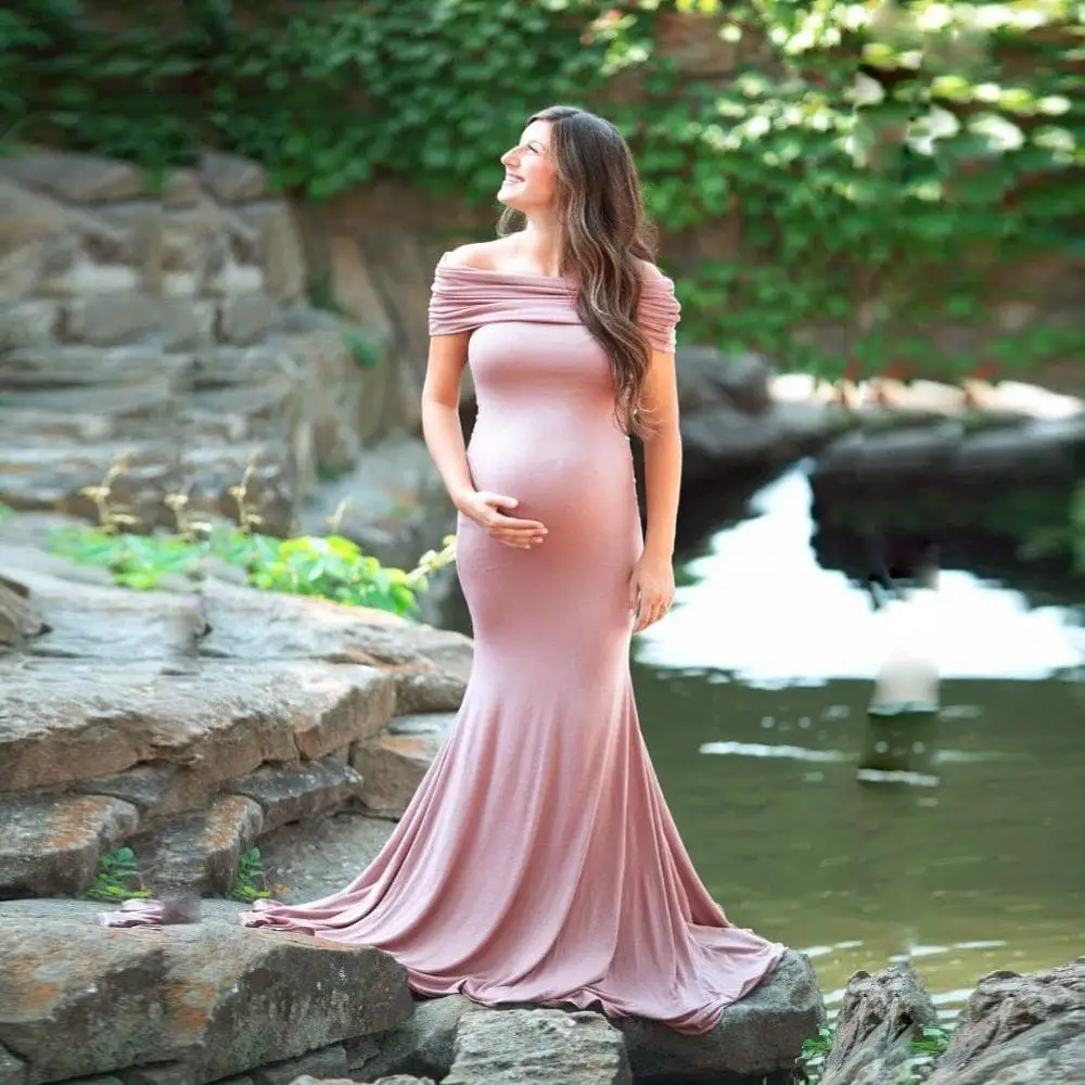 

Graceful Shoulderless Maternity Dress for Baby Shower Sexy Pregnancy Photo Shoot Photography Props Solid Long Pregnancy Dress