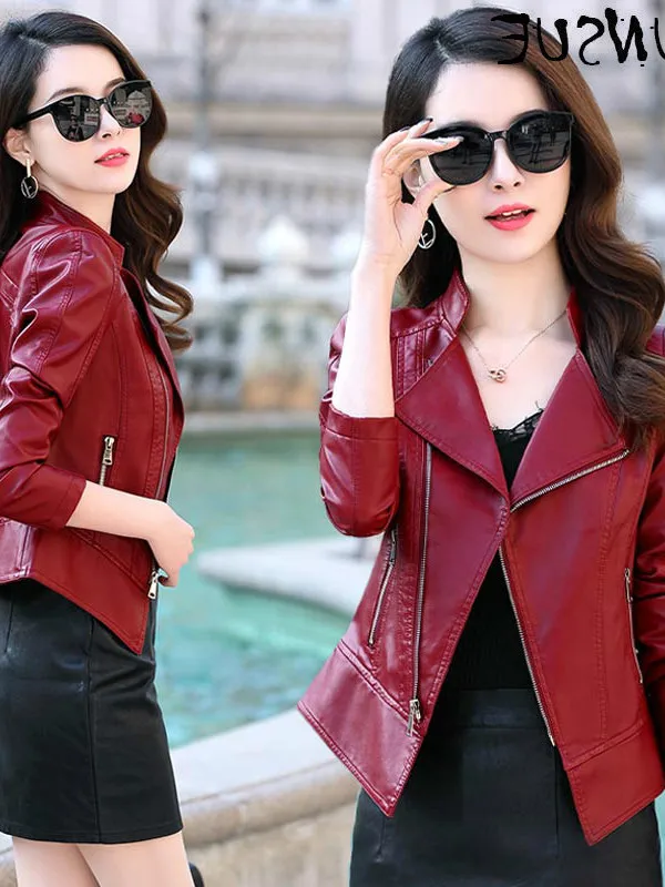 Korean 2023 Leather Jacket Women Faux Leather Red Short Motorcycle Jacket Slim Spring Autumn Abrigo Mujer CC1788 Pph459