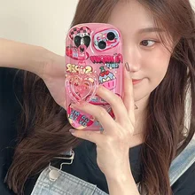 Korea Cute Illustration Pink Heart Pendant 3D Cellphone Case For iPhone 14 13 12 11 Pro Max X XS XR Kawaii Shockproof Soft Cover