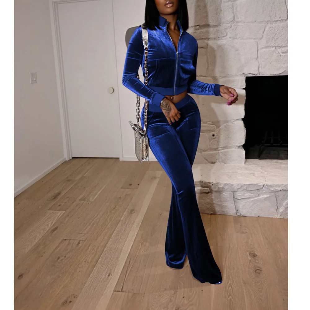 

Women's Velvet Sportswear Set Cropped Top And Pants Ladies Slim Fit Tracksuit Autumn Winter Trousers Macthing Outfits 2 Pcs Suit