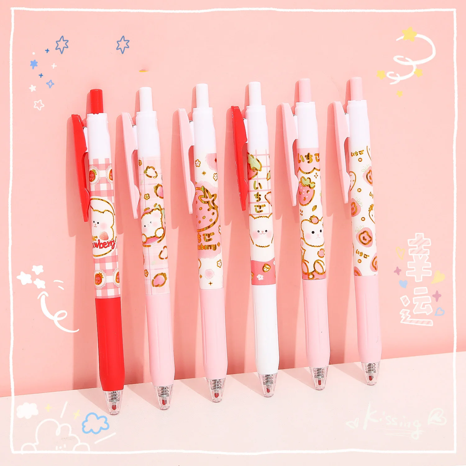 

36 pcs/lot Kawaii Strawberry Bear Press Gel Pen Cute 0.5mm Black Ink Pens Gift Stationery Office School Supplies Wholesale