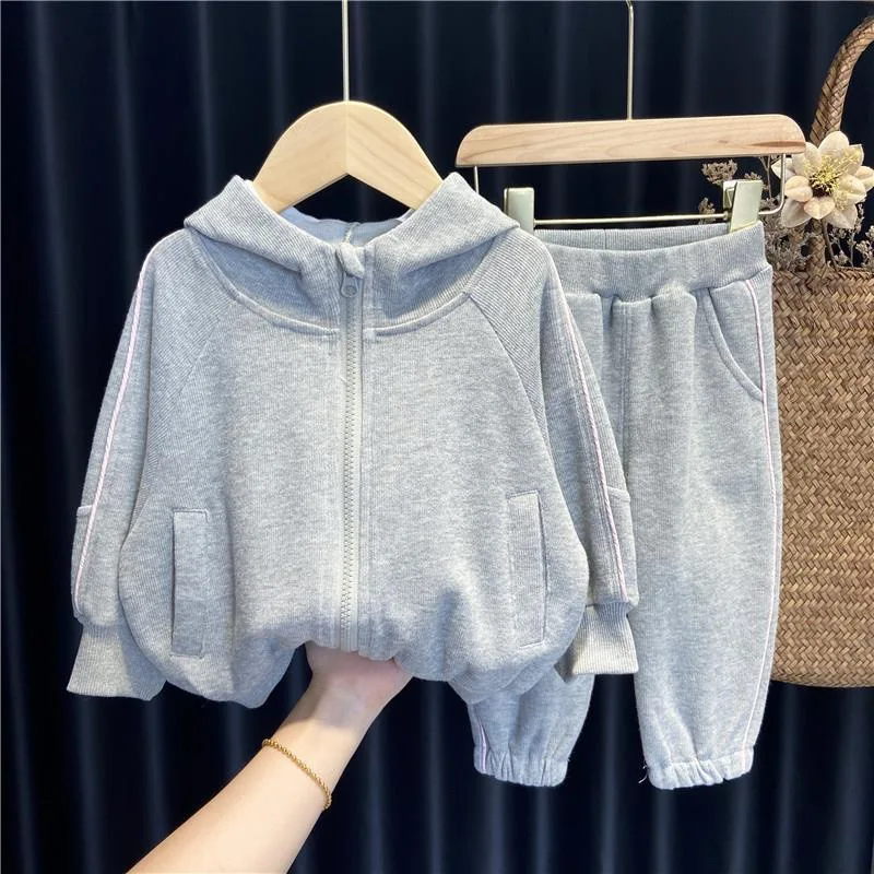 

Однотонный детский спортивный костюм, Серый свободный флисовый костюм на молнии для маленьких девочек + спортивные штаны, детские костюмы с...