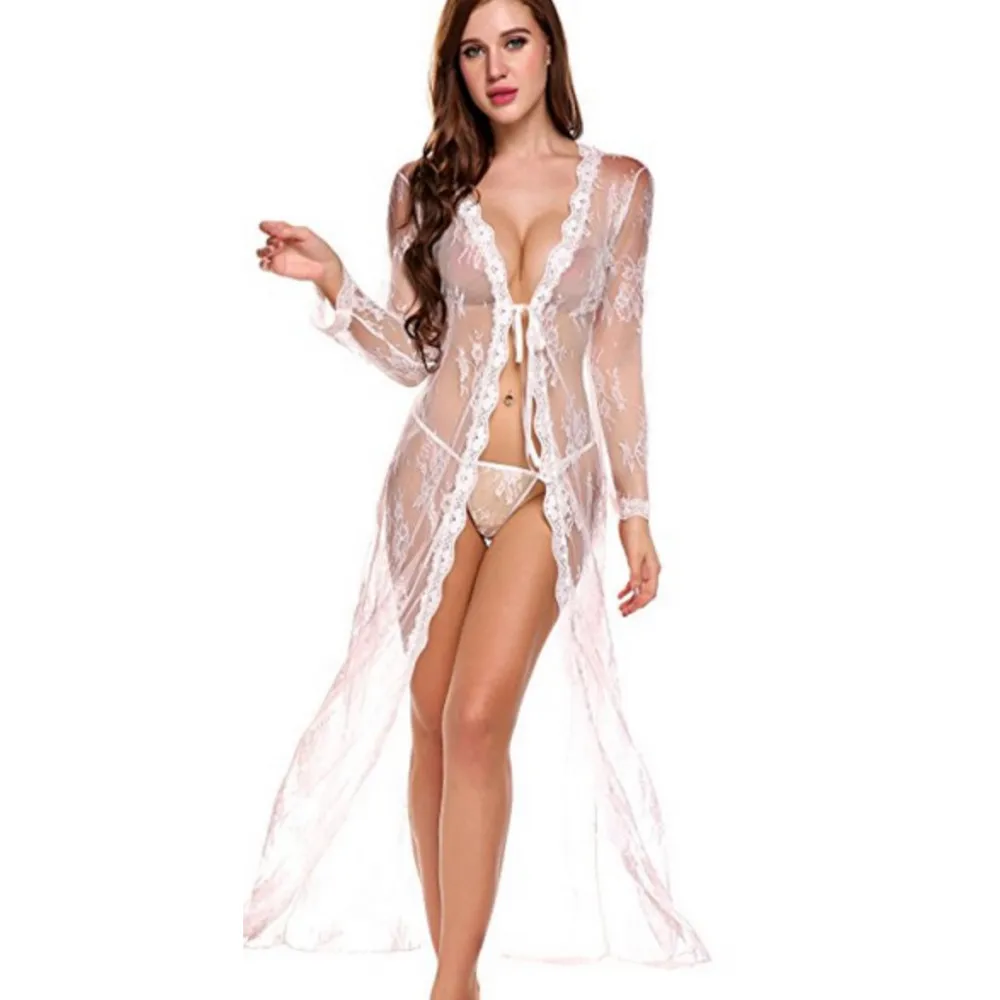 Сексуальное нижнее белье Ночная рубашка Женский кружевной кардиган длинная