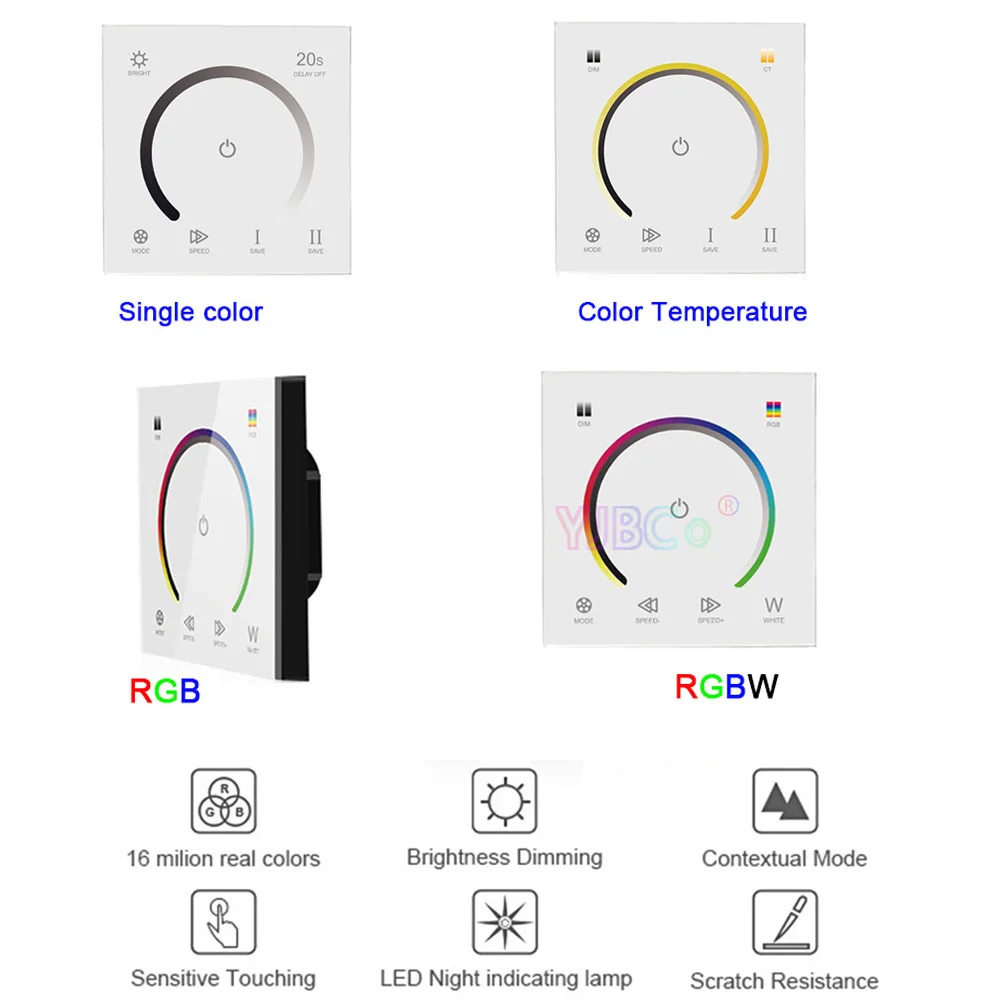 DC12V 24V New 86 Touch Panel Switch Single color/CT/RGB/RGBW Controller Light Dimmer LED Strip Tempered Glass Wall Switch