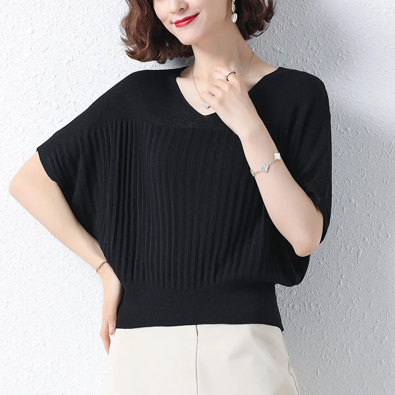 

Женская футболка с коротким рукавом, новинка 2022, тонкая вязаная рубашка из вискозы, летучая мышь, свободная футболка большого размера, уличн...