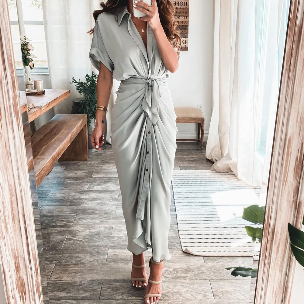

Single Button Dress Women Summer Elegant Ruched Bandage Shirt Fashion Casual Short Sleeve Solid V Neck Beach Maxi Dress