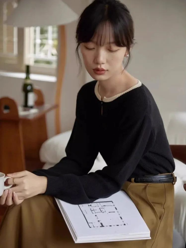 Высококачественный вязаный свитер контрастных цветов для женщин на осень и зиму